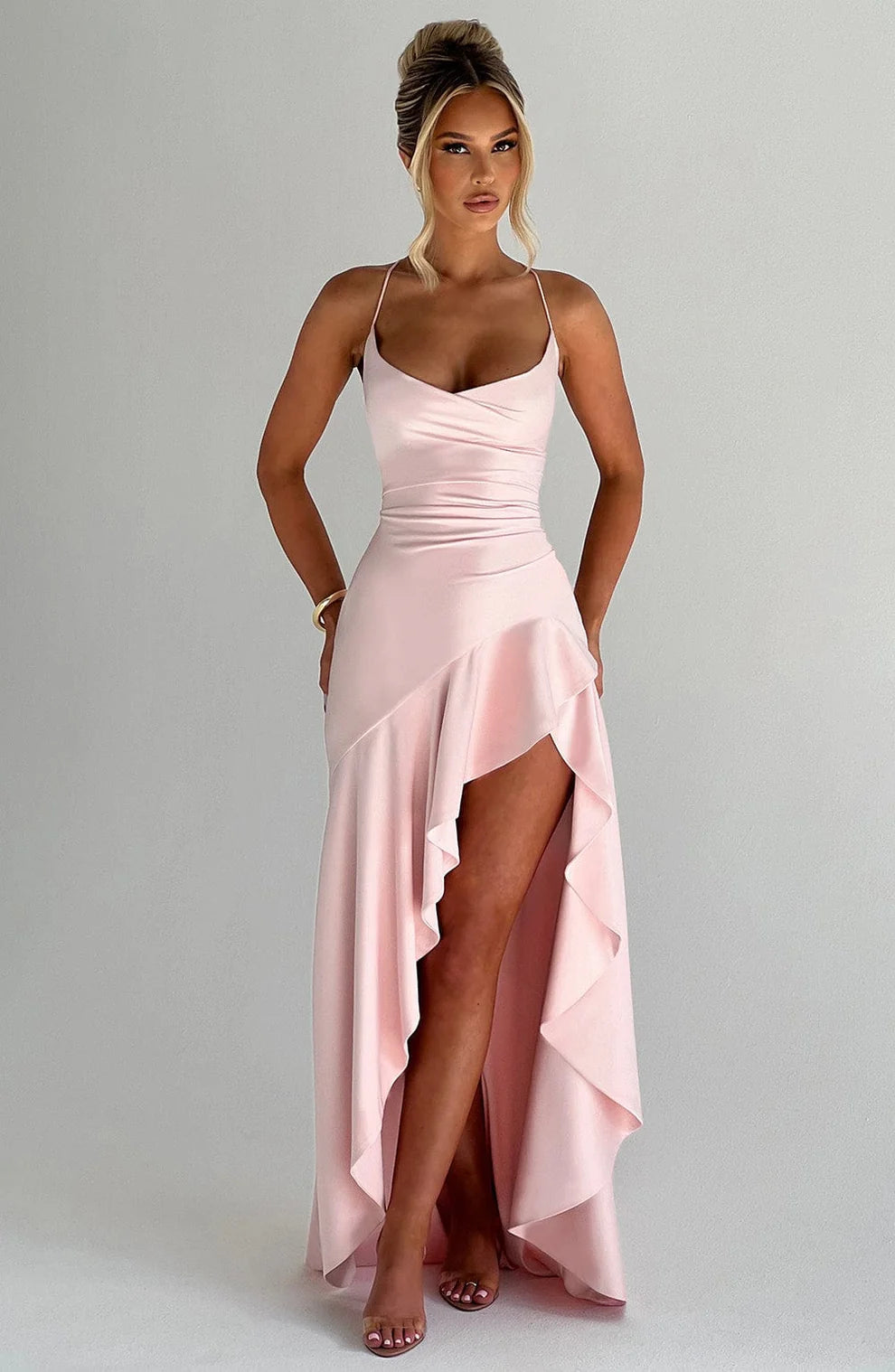 Satin Ruffle Maxi Dress