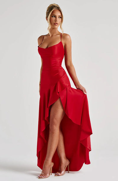Satin Ruffle Maxi Dress