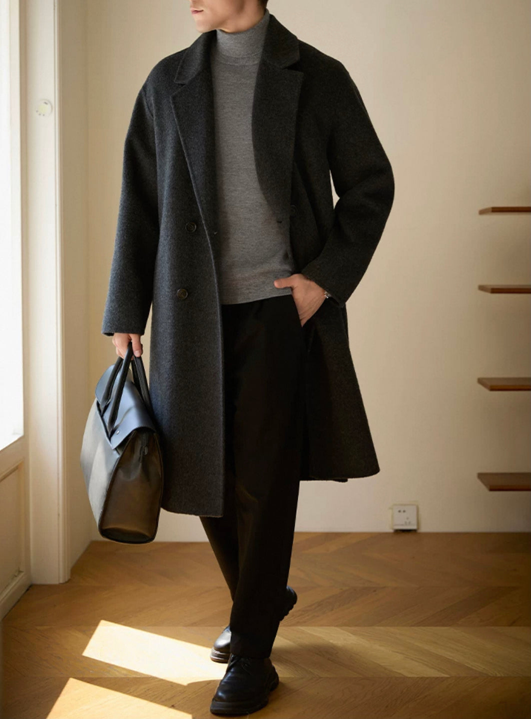 CLEREVE Long Double-Sided 100% Sheep Wool Coat