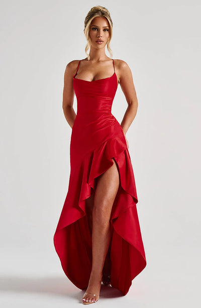 Satin Ruffle Maxi Dress