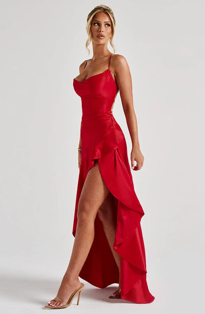 Satin Ruffle Maxi Dress