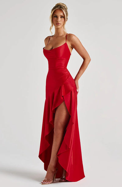 Satin Ruffle Maxi Dress