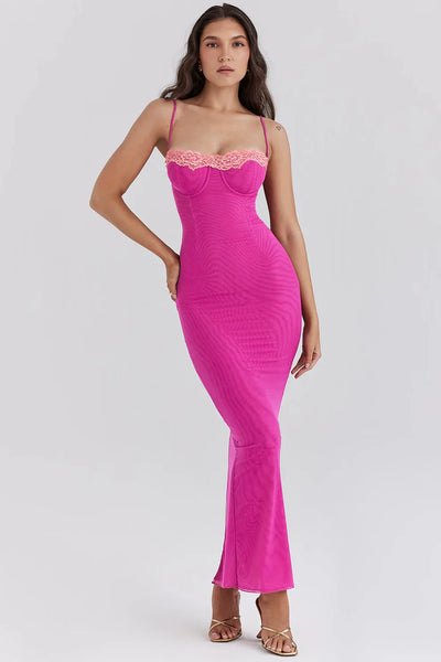 CLEREVE Contrast Lace Slit Maxi Dress