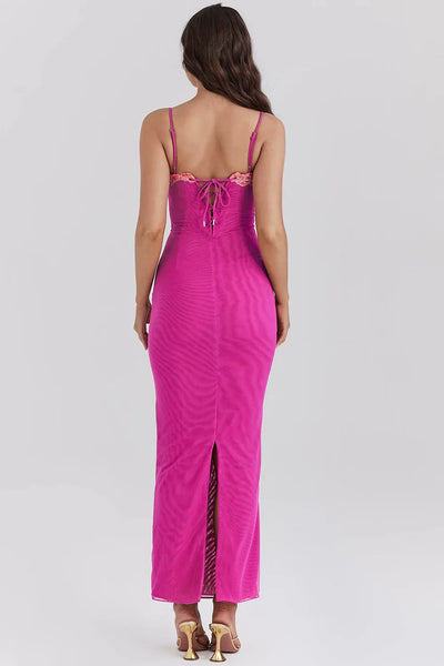 CLEREVE Contrast Lace Slit Maxi Dress