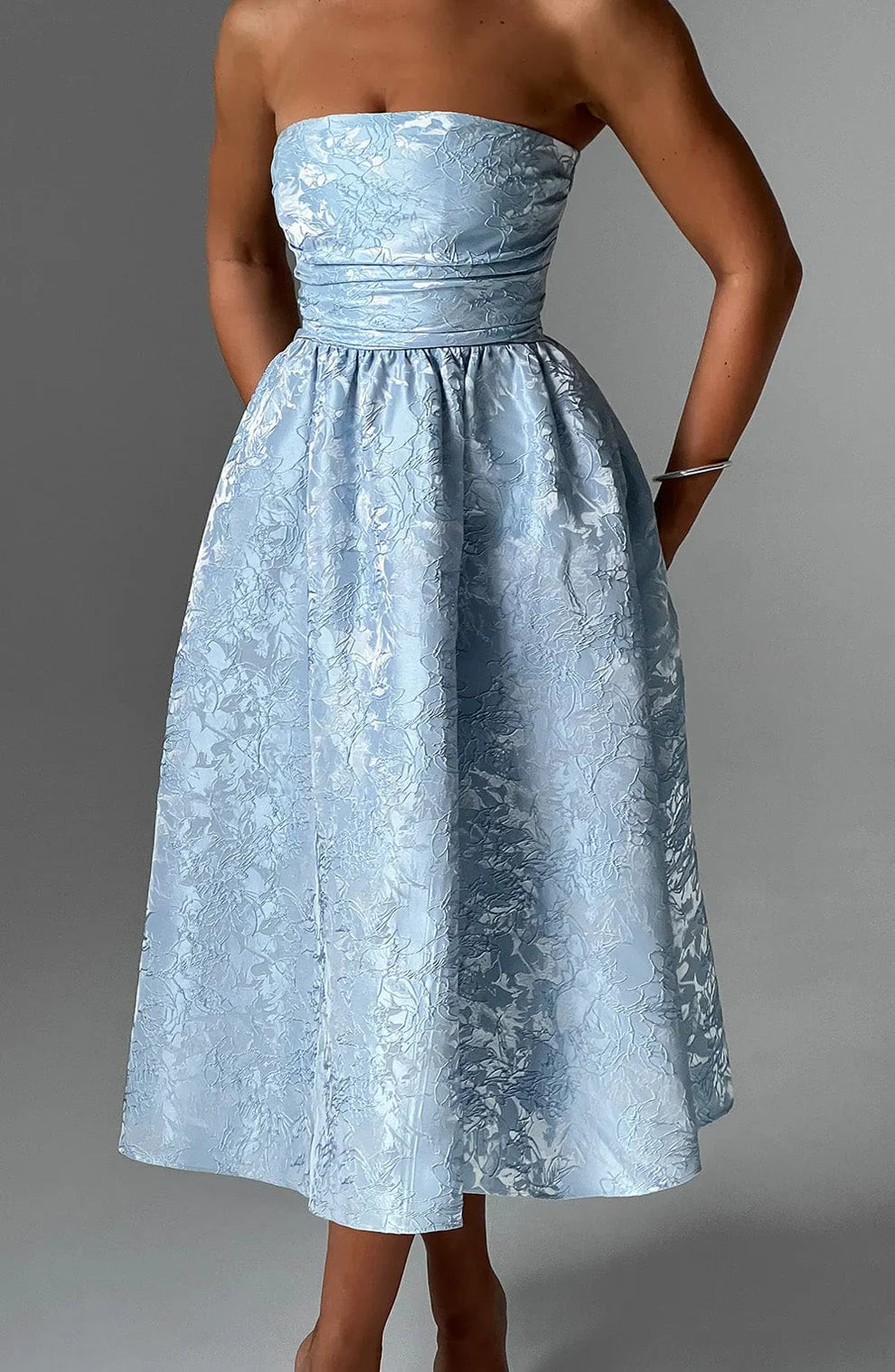 CLEREVE Strapless Jacquard Midi Dress
