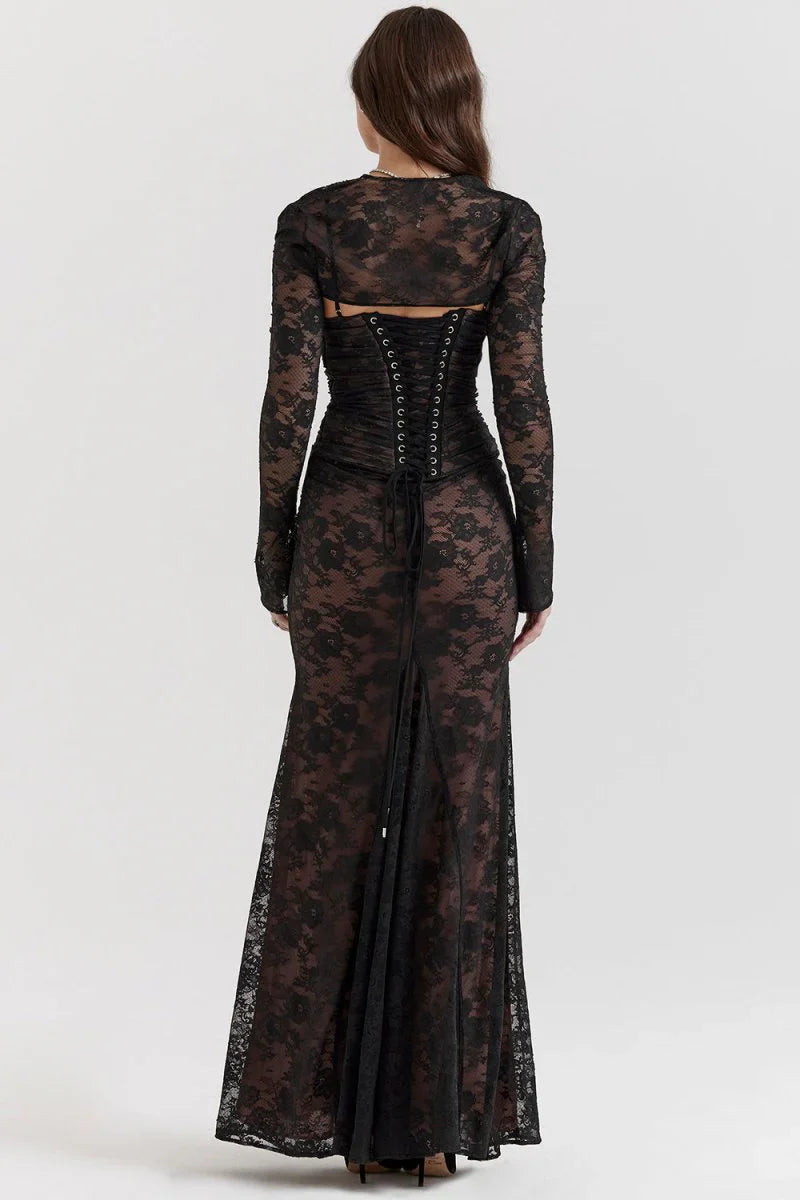 CLEREVE Shoulder-On Floral Lace Maxi Dress