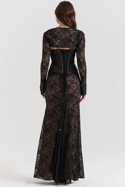 CLEREVE Shoulder-On Floral Lace Maxi Dress