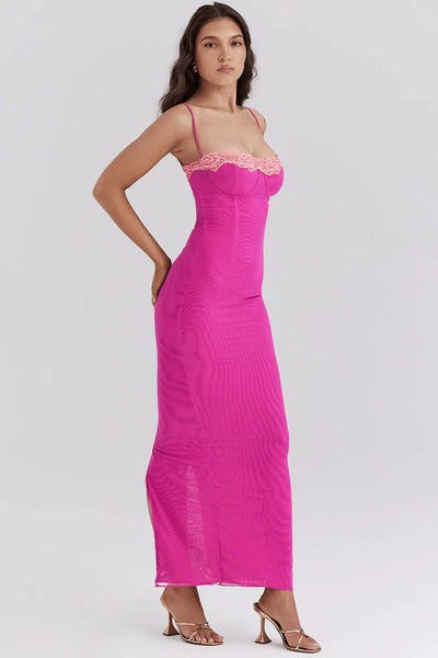 CLEREVE Contrast Lace Slit Maxi Dress