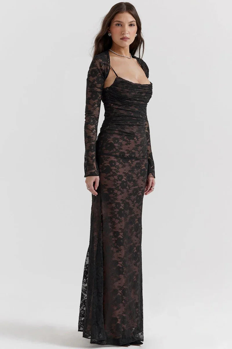CLEREVE Shoulder-On Floral Lace Maxi Dress