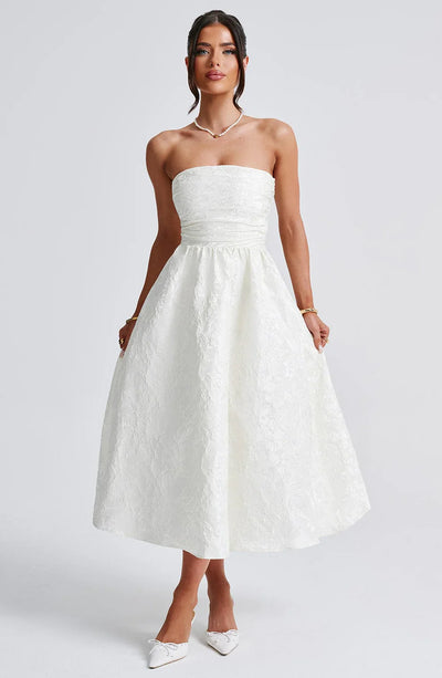 CLEREVE Strapless Jacquard Midi Dress