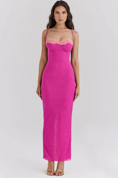 CLEREVE Contrast Lace Slit Maxi Dress
