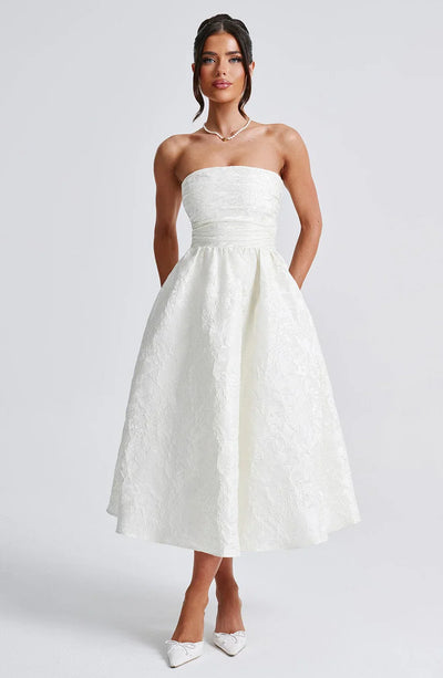 CLEREVE Strapless Jacquard Midi Dress